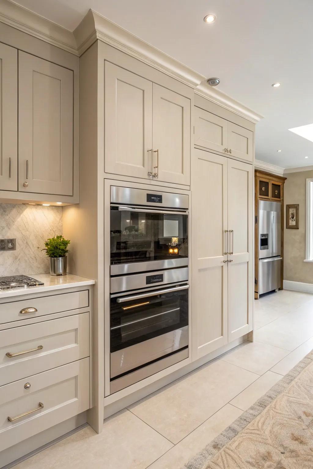 Double ovens seamlessly integrated into tall wall cabinets