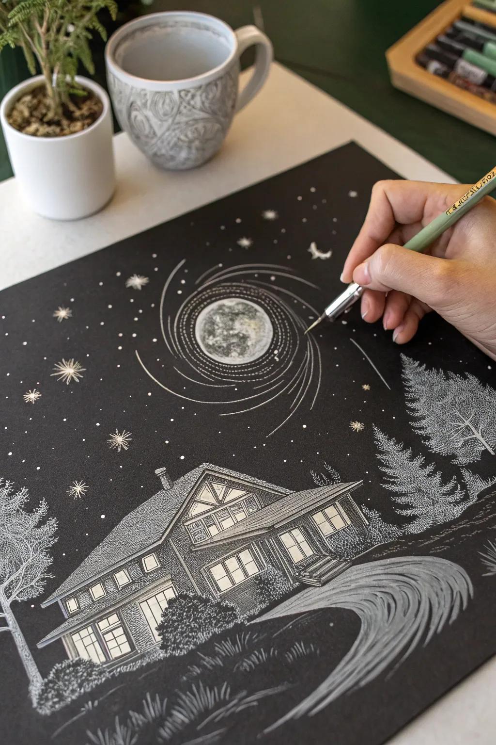 A celestial scene drawn with a white pencil, showcasing the magic of contrast.