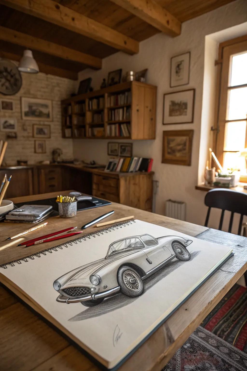 Capture nostalgia with a classic car sketch for dad.