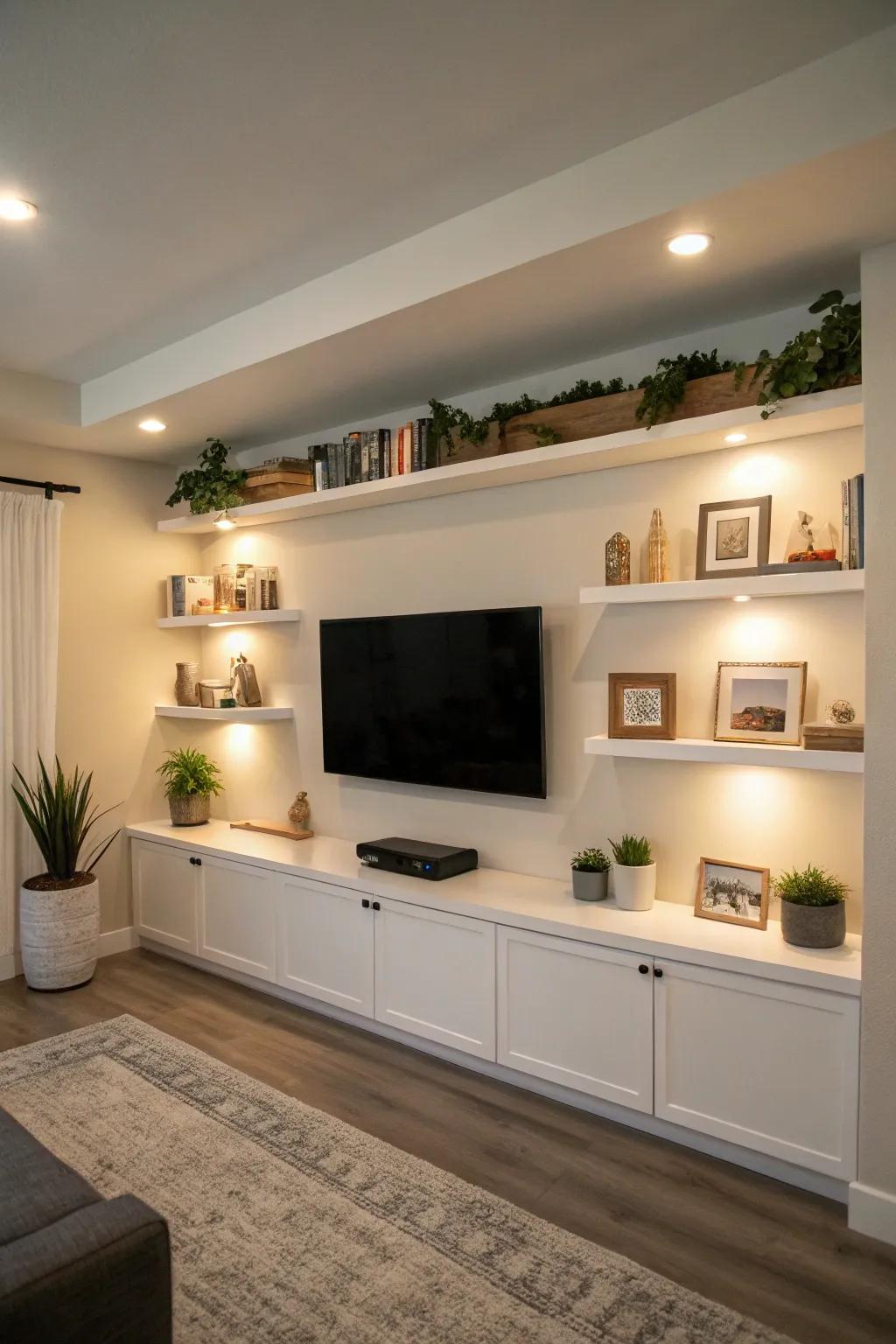 Floating shelves add a minimalist touch to this drywall entertainment center.