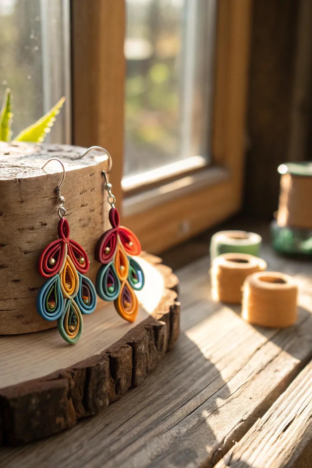 Colorful paper quilling earrings, a playful touch for any outfit.