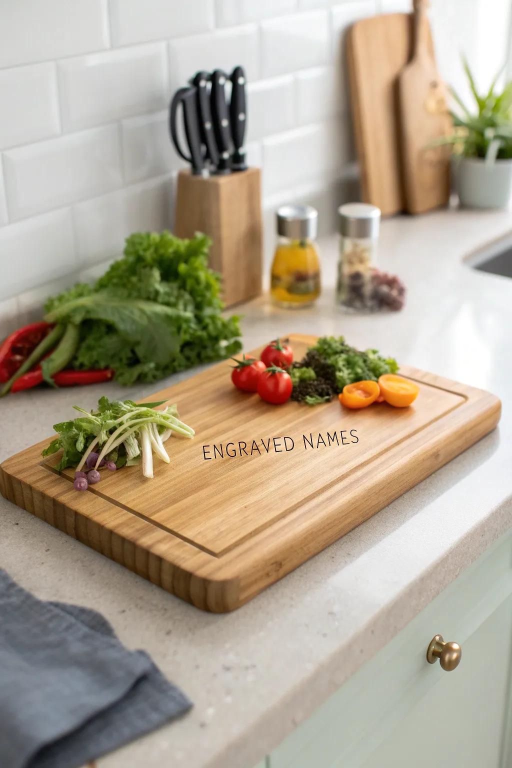 A personalized cutting board adds a special touch to any kitchen.