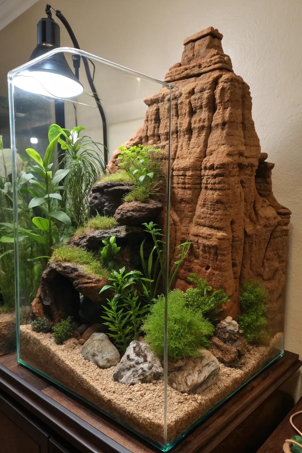 Terrarium featuring a beautifully sculpted clay backdrop that resembles natural rock formations.