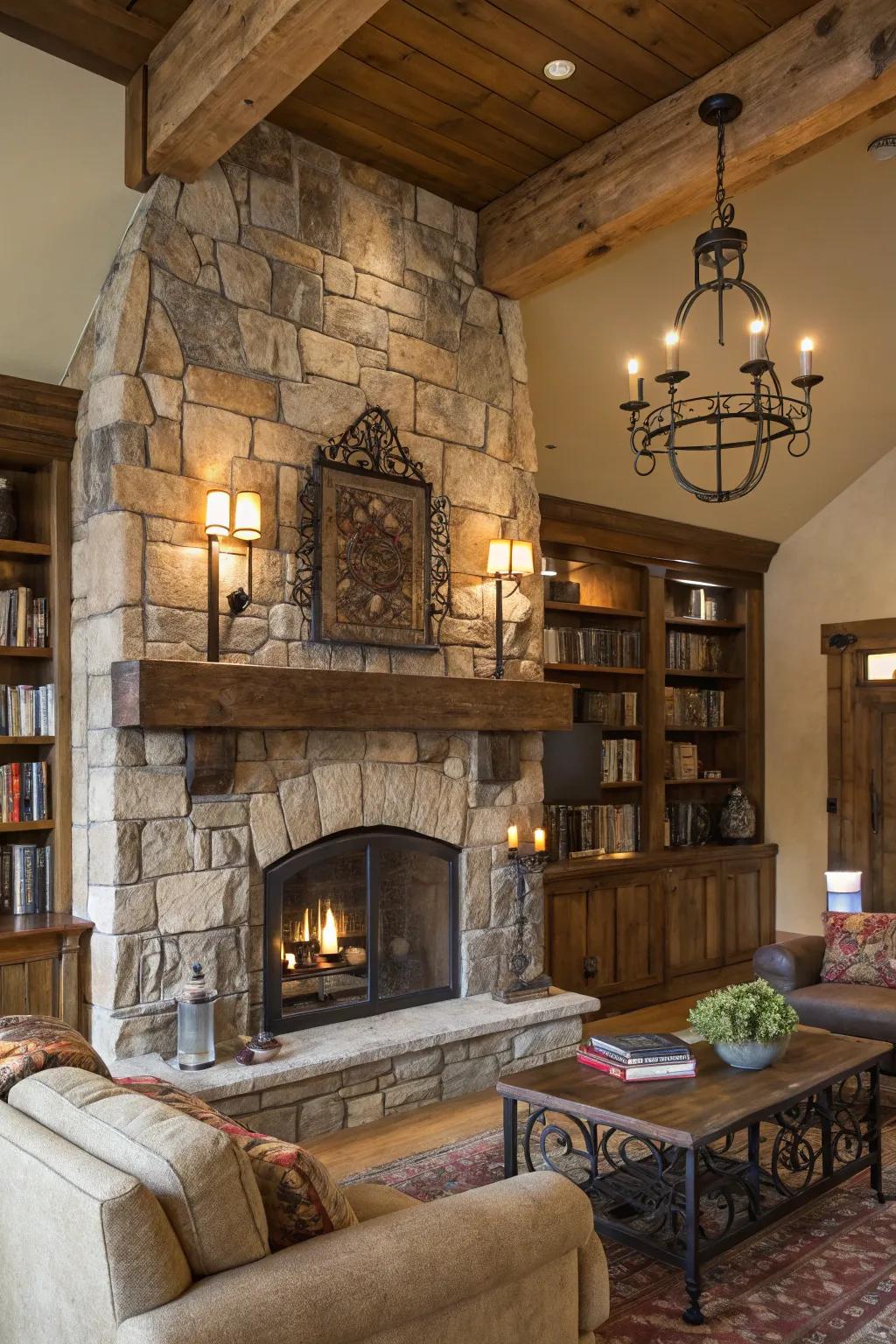 Rustic sconces bring a cabin-like charm to your fireplace.