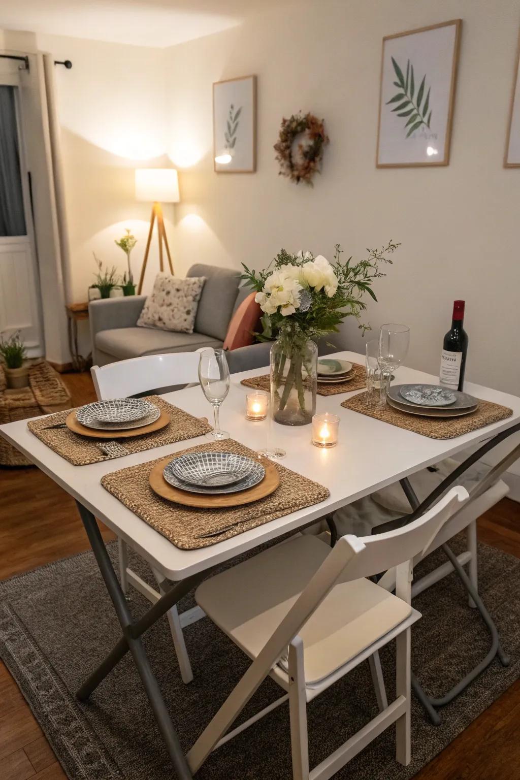 A foldable dining table ready for a cozy dinner party.