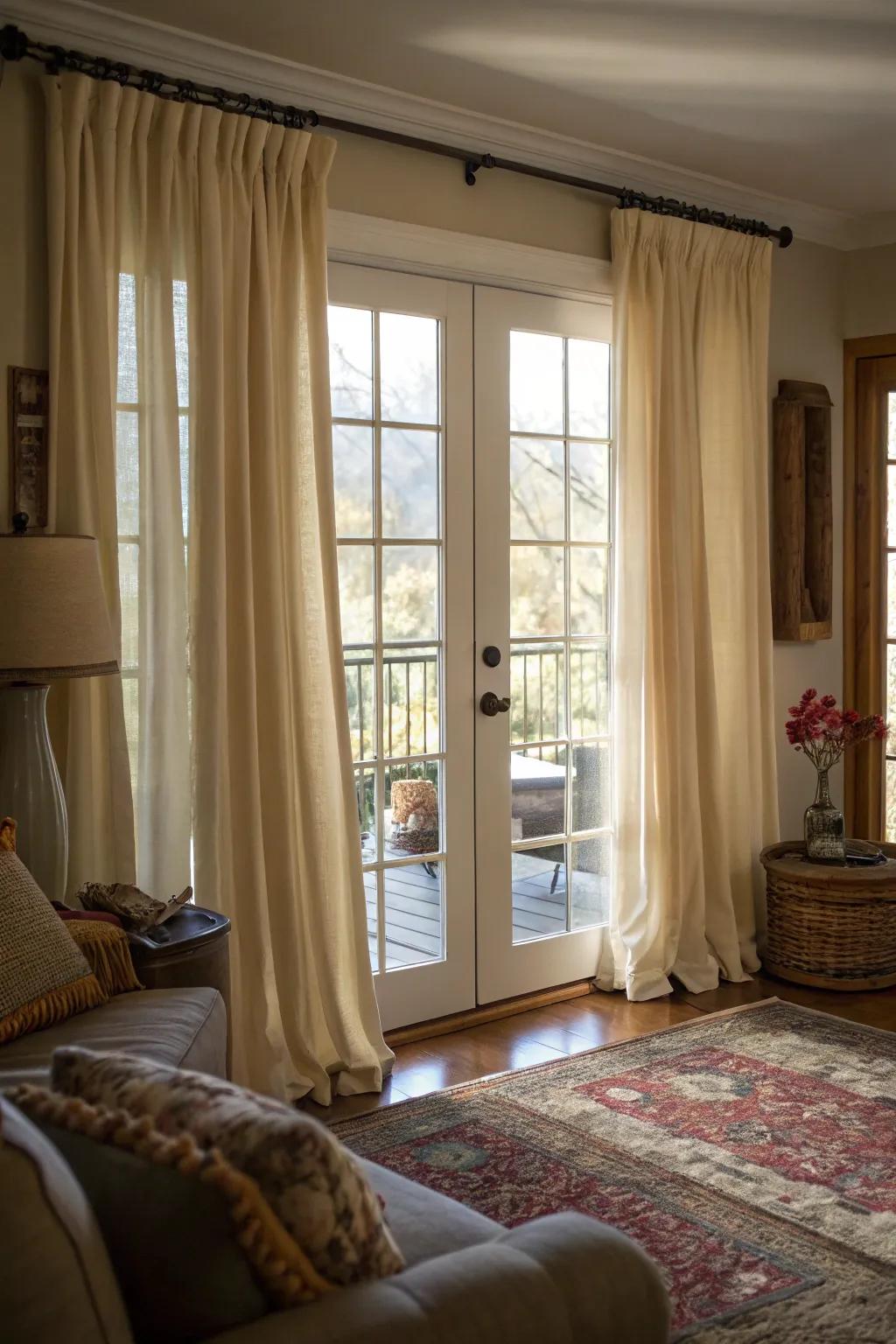 Classic long beige panels elegantly draping down French doors.