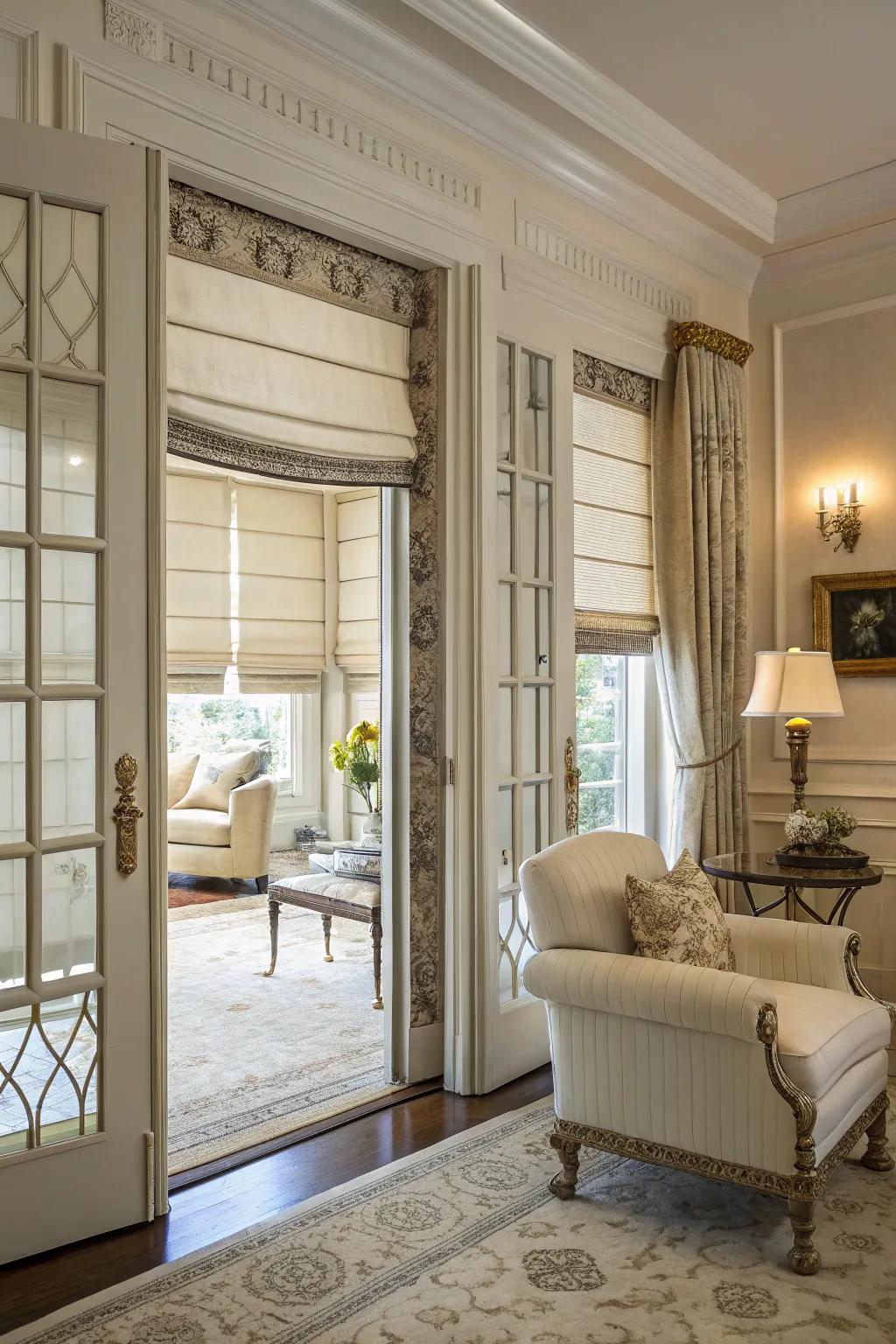 Chic Roman shades providing privacy and elegance to French doors.