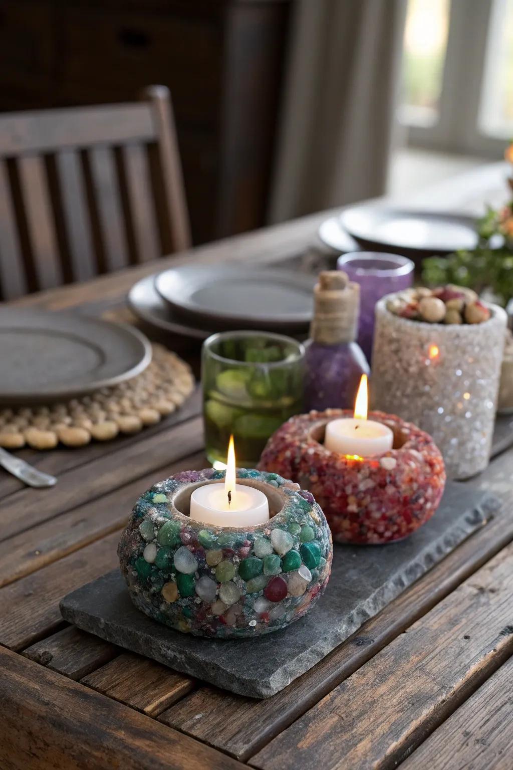 Elegant gemstone candle holders illuminating a rustic dining table.