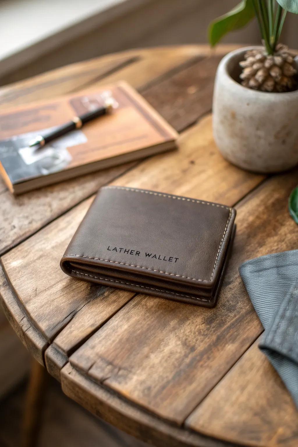 A personalized leather wallet adds a touch of sophistication and practicality.