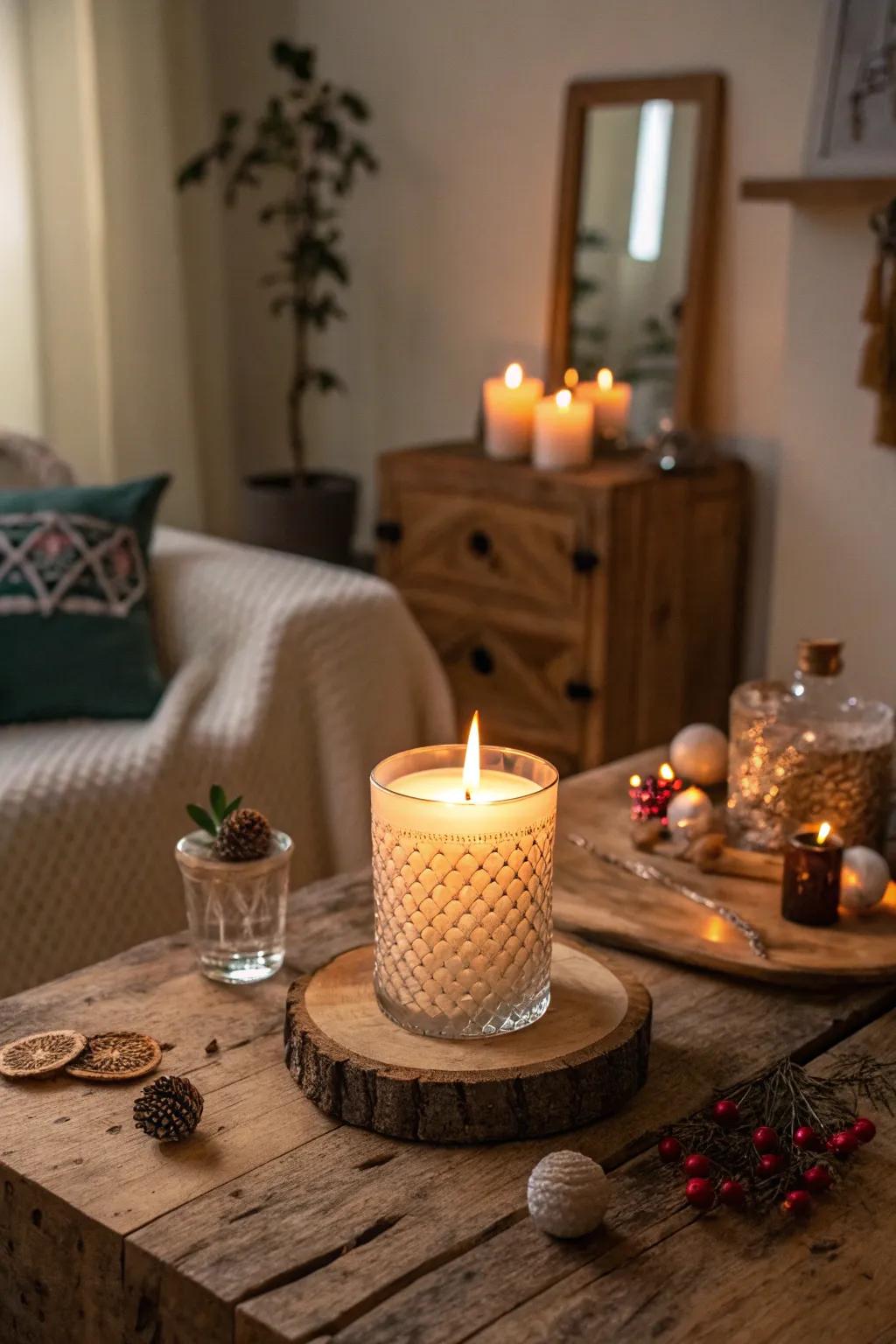 An artisanal scented candle creating a warm and inviting atmosphere.