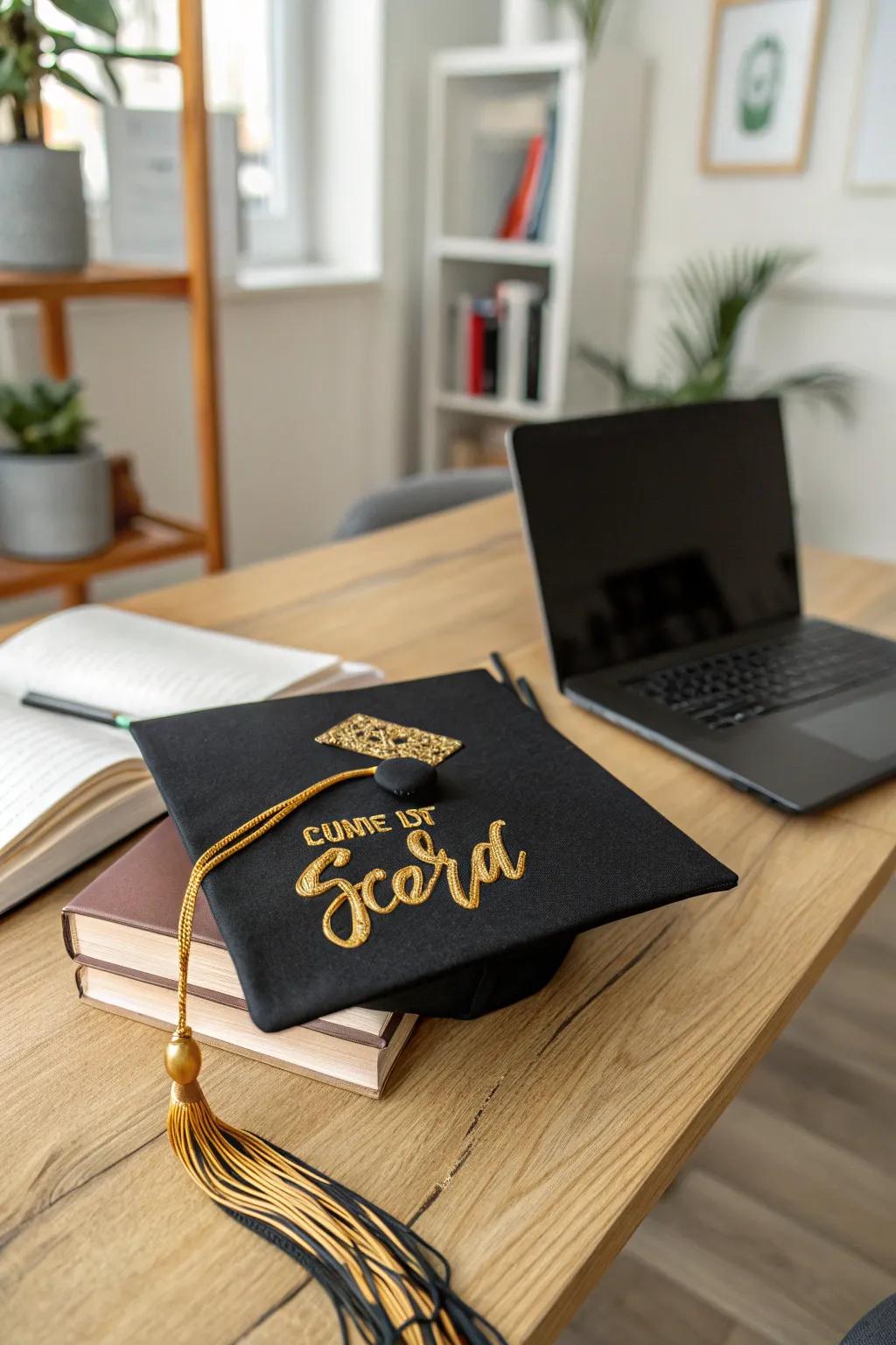 Timeless elegance with a classic black and gold graduation cap.