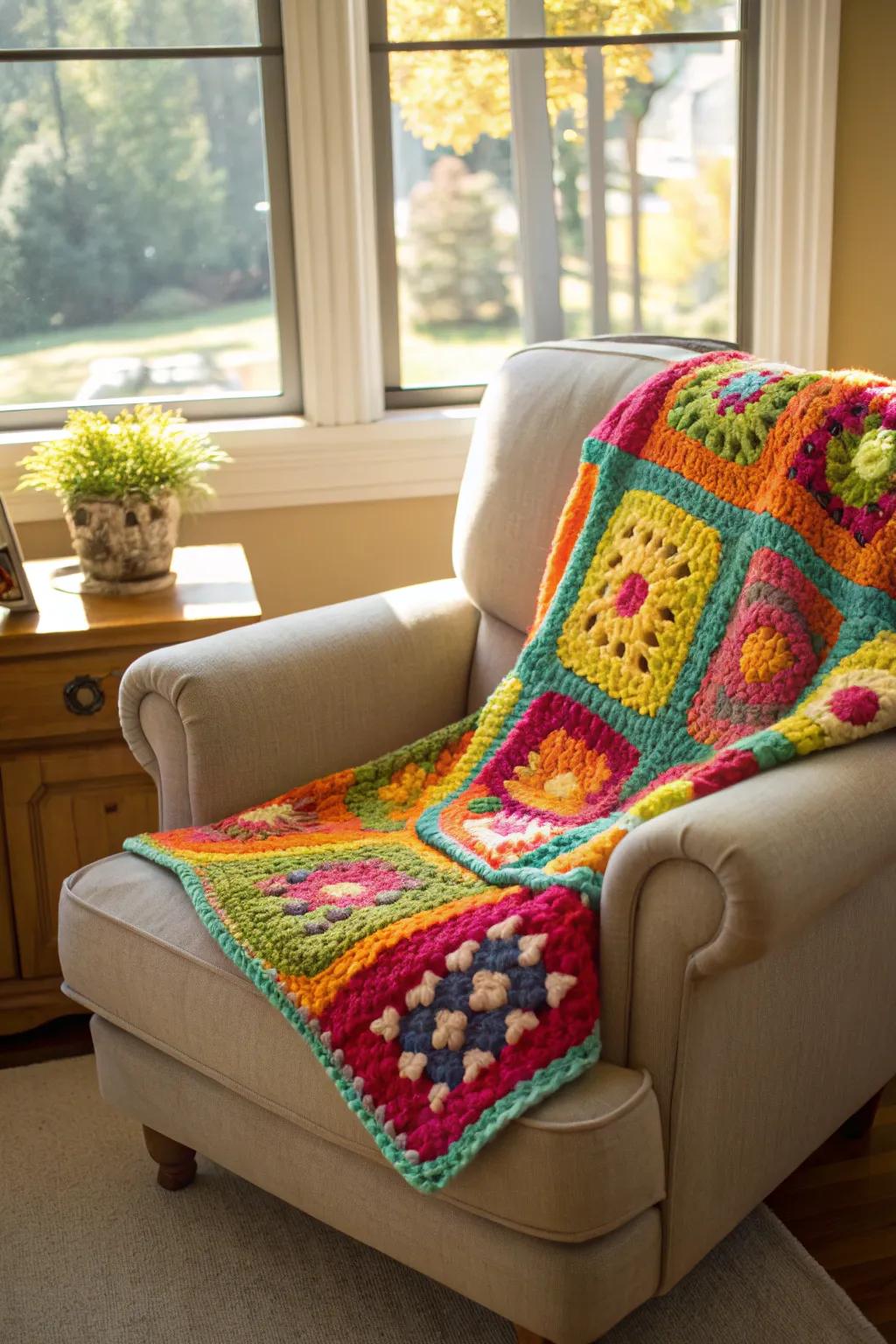 A colorful blanket made from granny squares, perfect for adding warmth to any room.