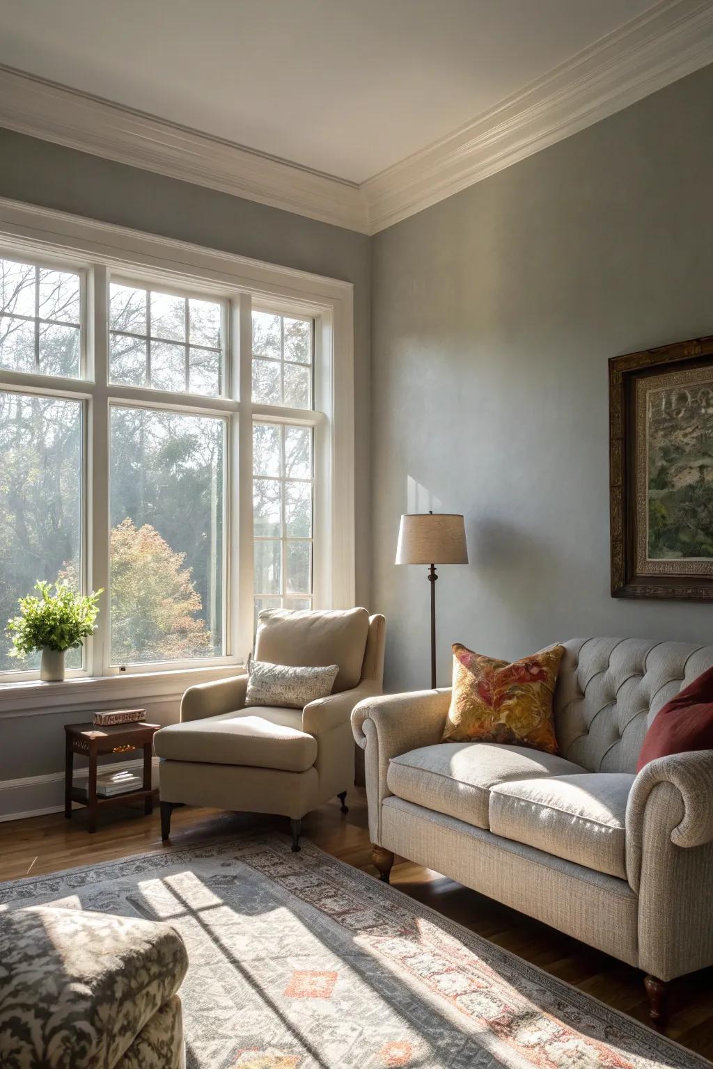 Misty gray walls create a serene and airy atmosphere.