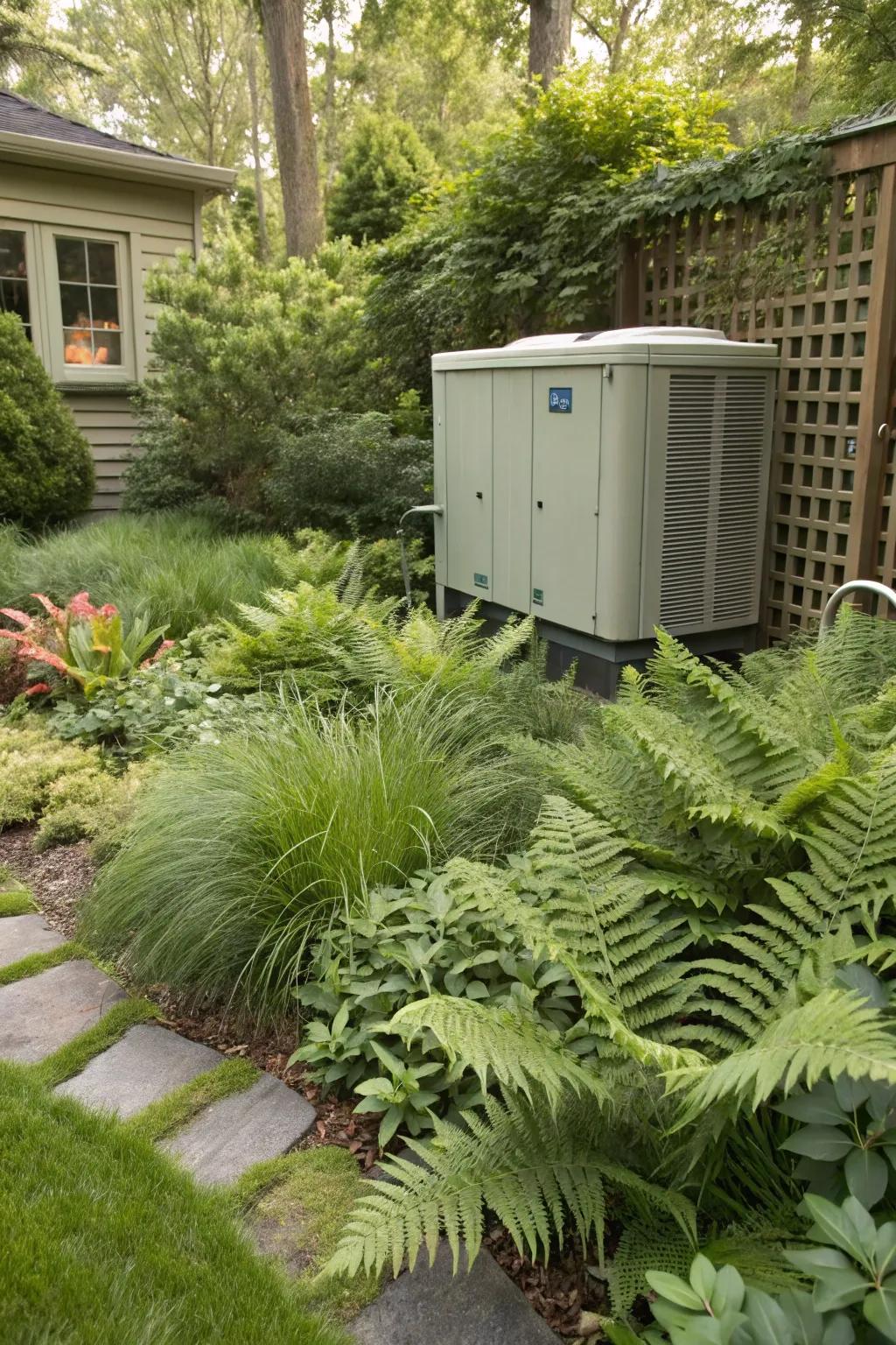 Lush ferns and grasses create a natural screen for the generator.