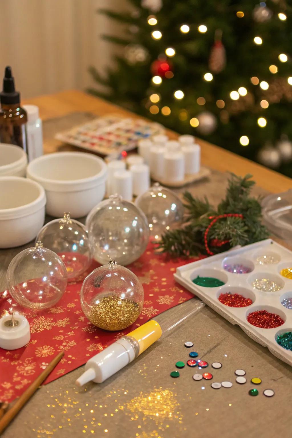 Crafting station for DIY ornament making at a holiday party.