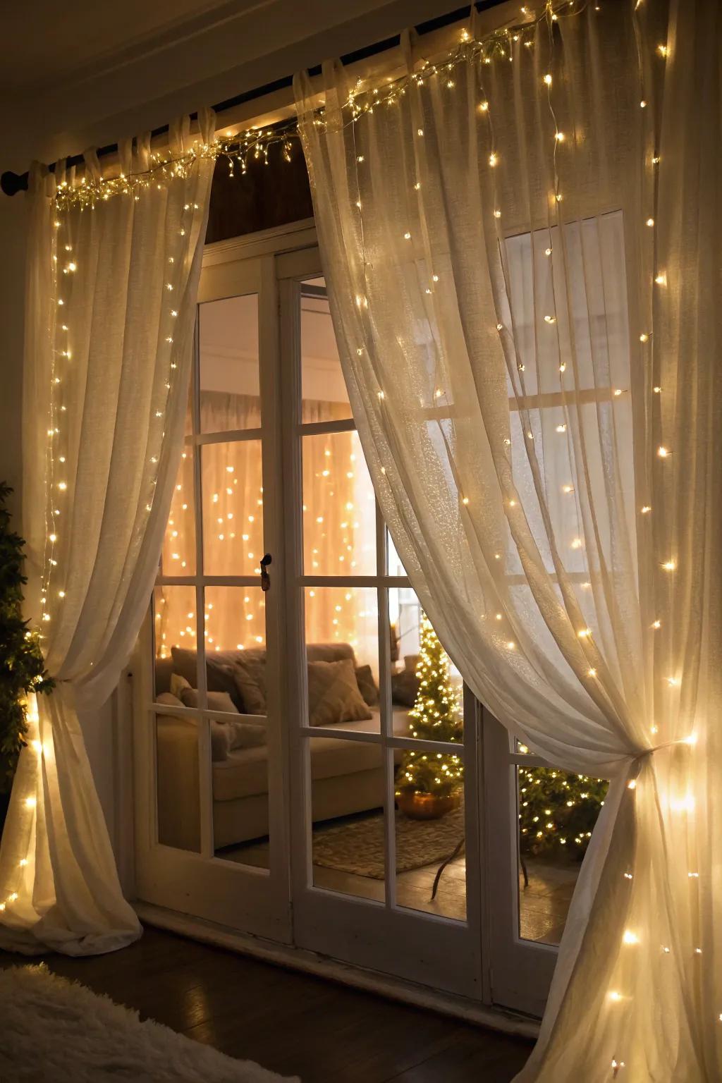 A window with cascading warm white lights creating a cozy atmosphere.