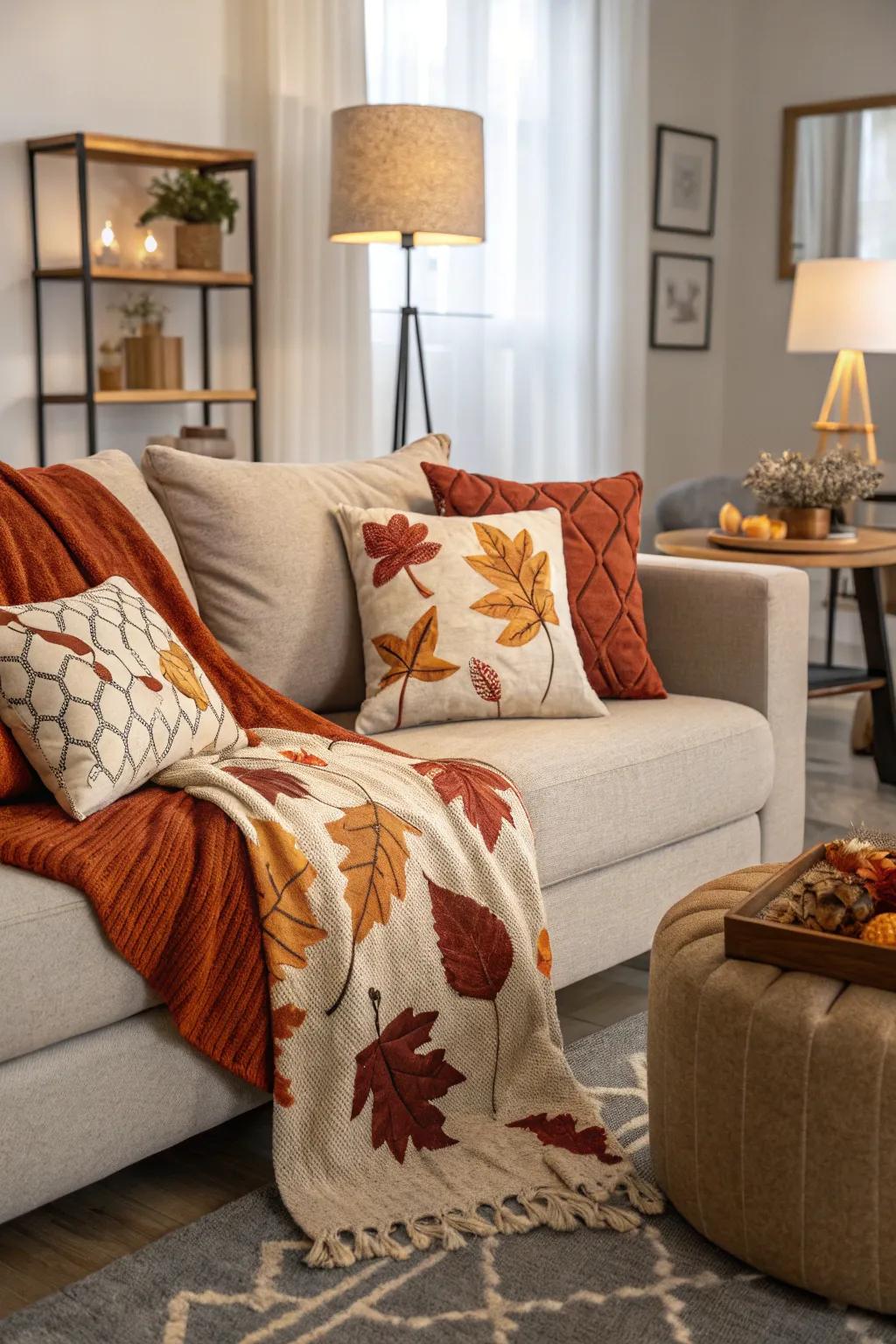 Transform your living room with fall-themed textiles for a cozy touch.