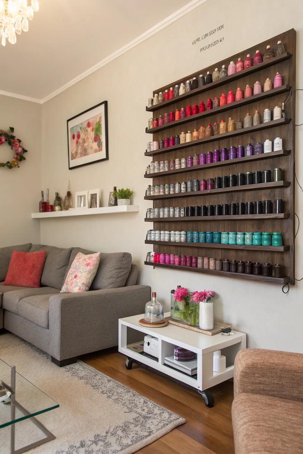 A colorful wall-mounted rack turns your nail polish collection into a piece of art.