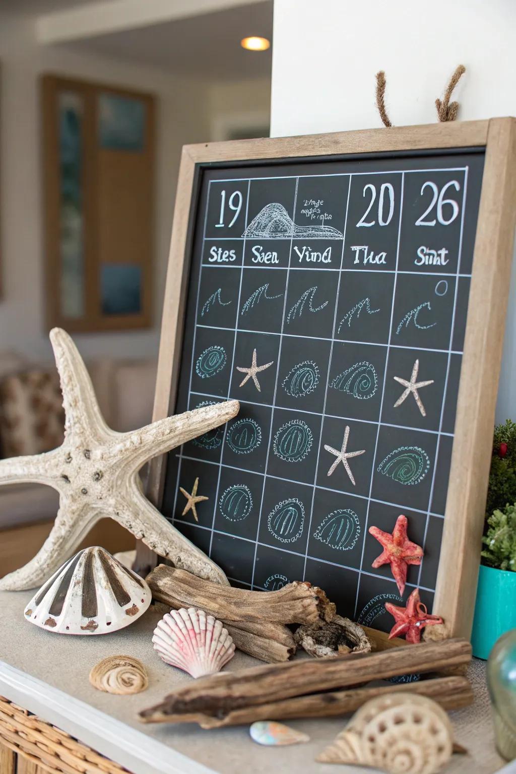 Embrace the beach vibes on your chalkboard calendar with seashells and wavy patterns.