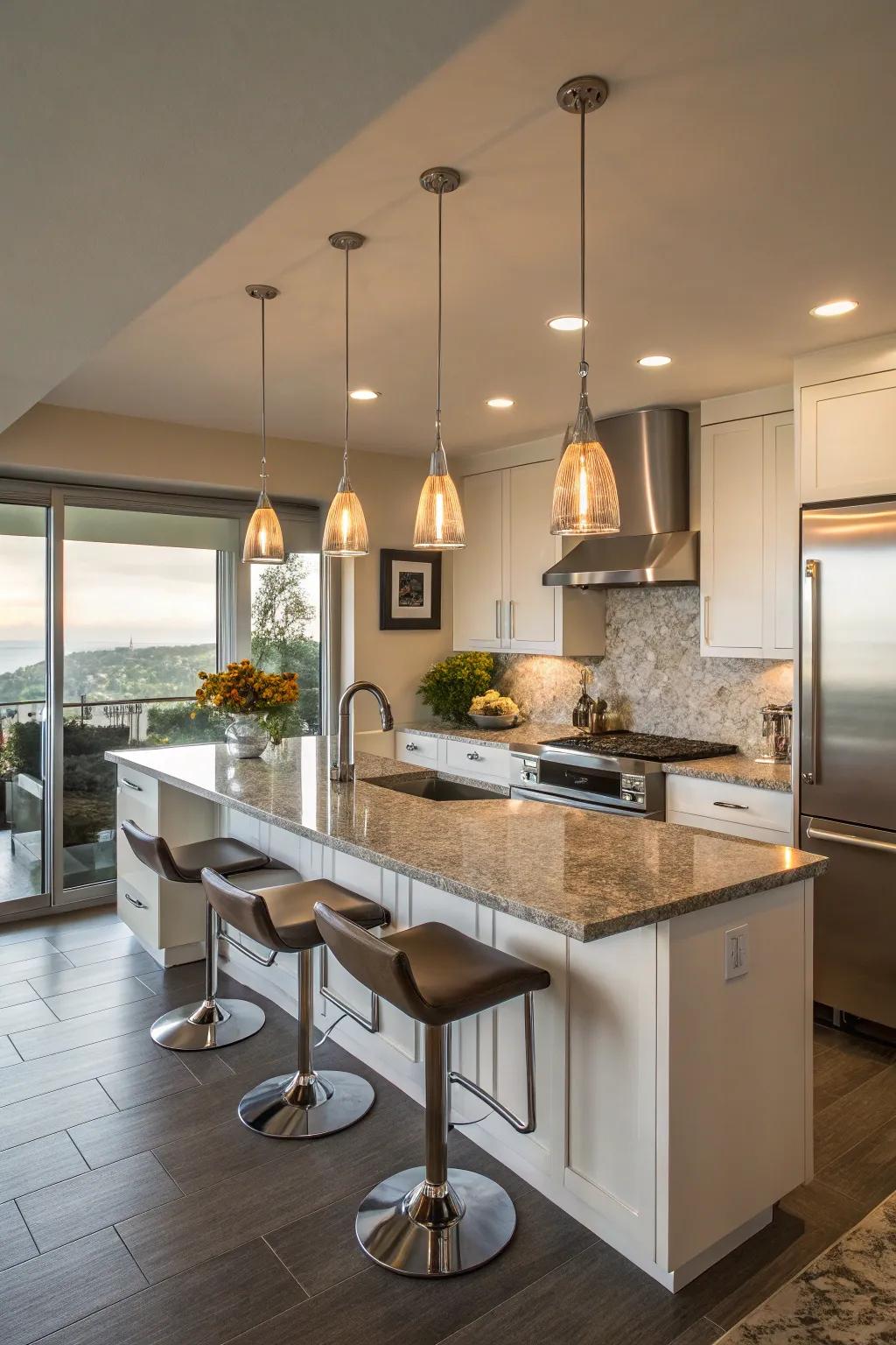 A kitchen peninsula enriched by stylish pendant lighting.