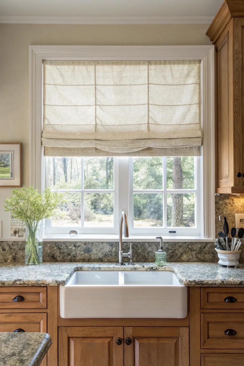 A neutral Roman shade adds sophistication to the kitchen window.