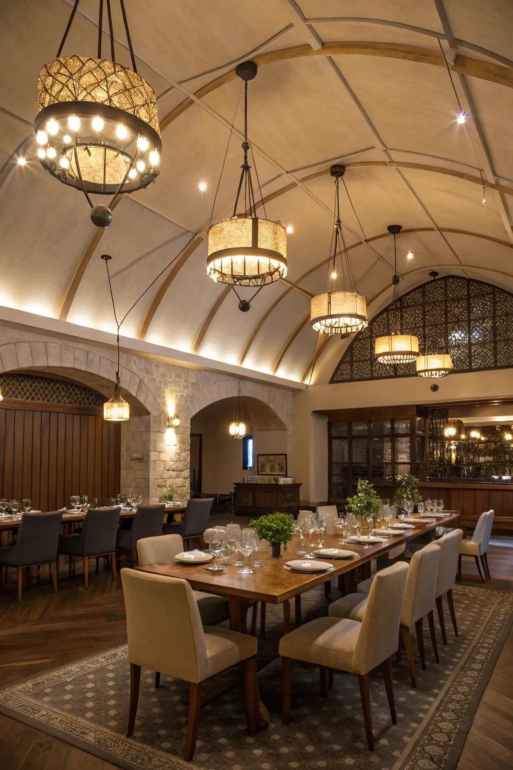 An elegant dining space with pendant lights emphasizing the vaulted ceiling.