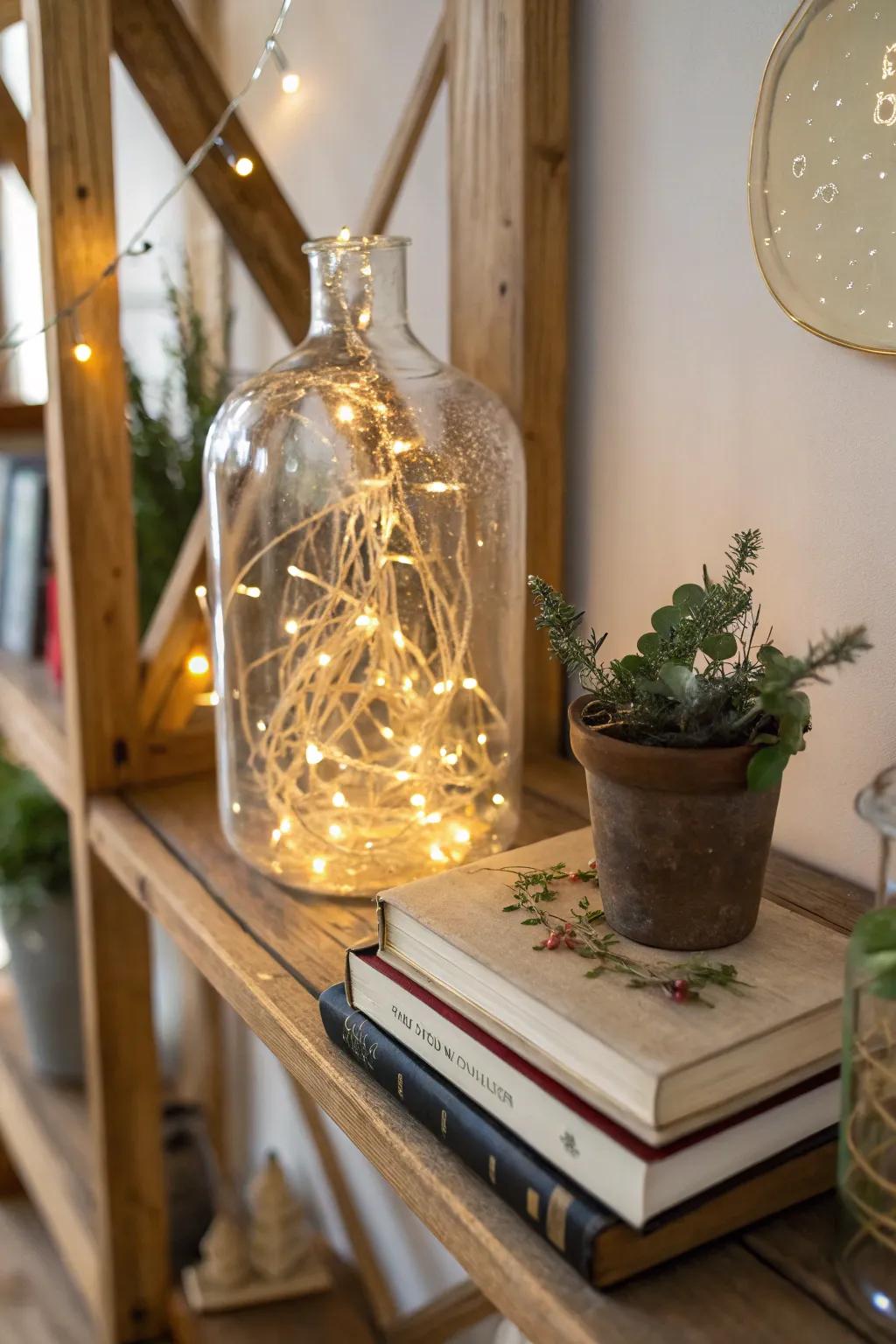 A cozy reading nook enhanced by the warm glow of fairy lights in a vase.