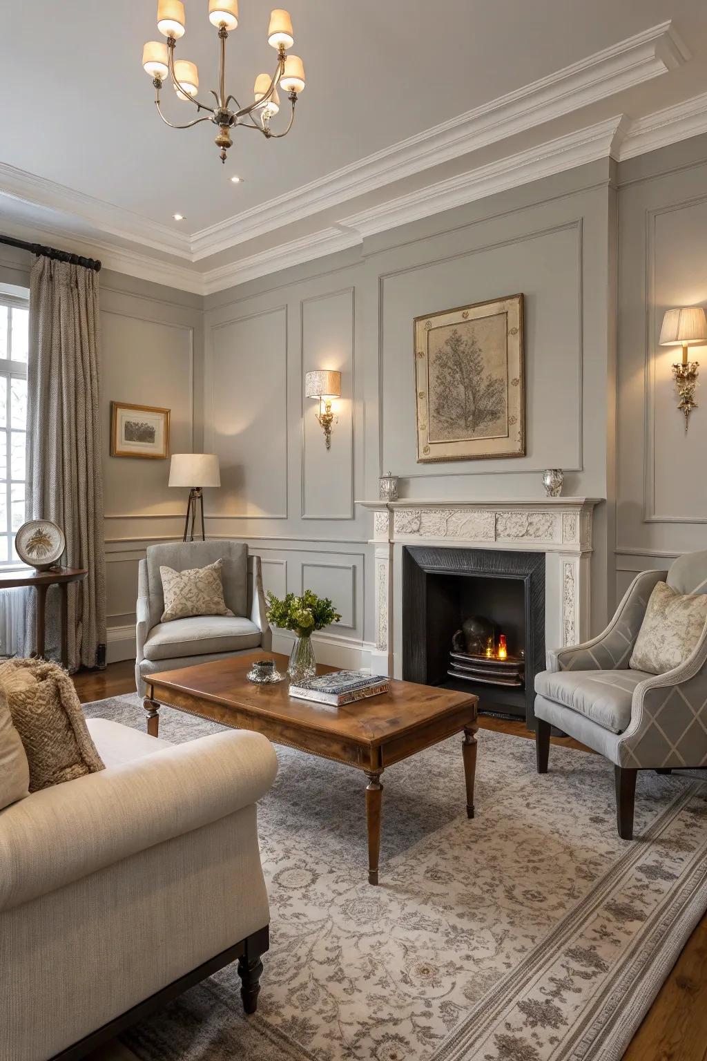 Soft gray walls provide a timeless backdrop in this elegant living room.