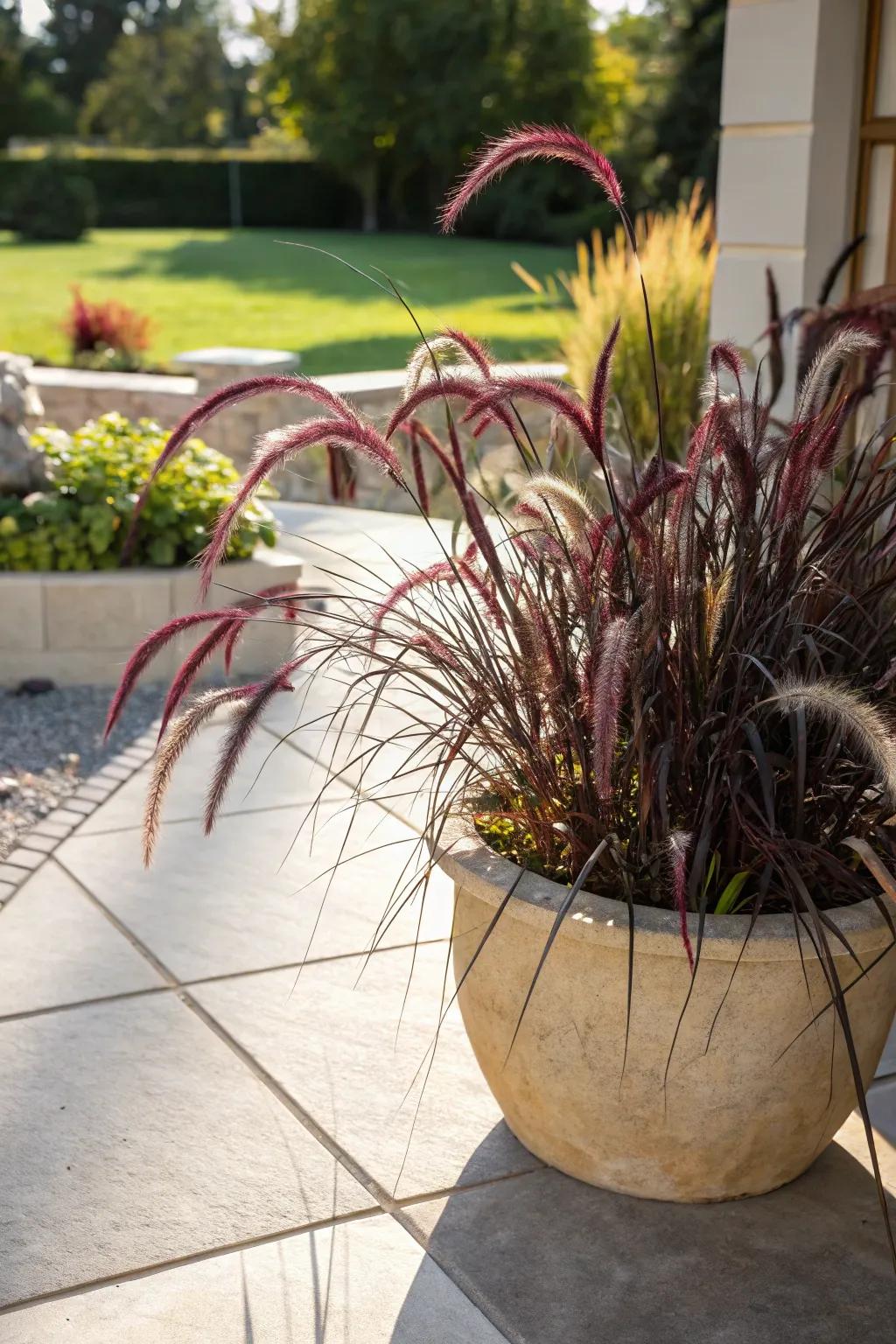 Stunning purple fountain grass adds elegance to any sunny patio.