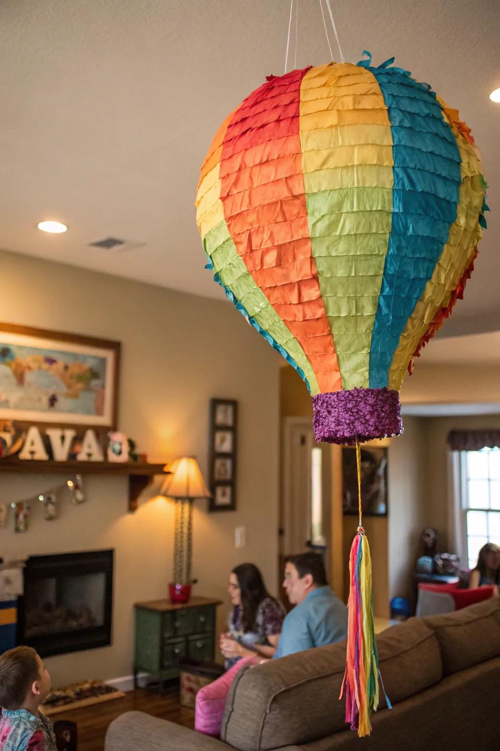 A traditional balloon-shaped pinata adorned with vibrant crepe paper.