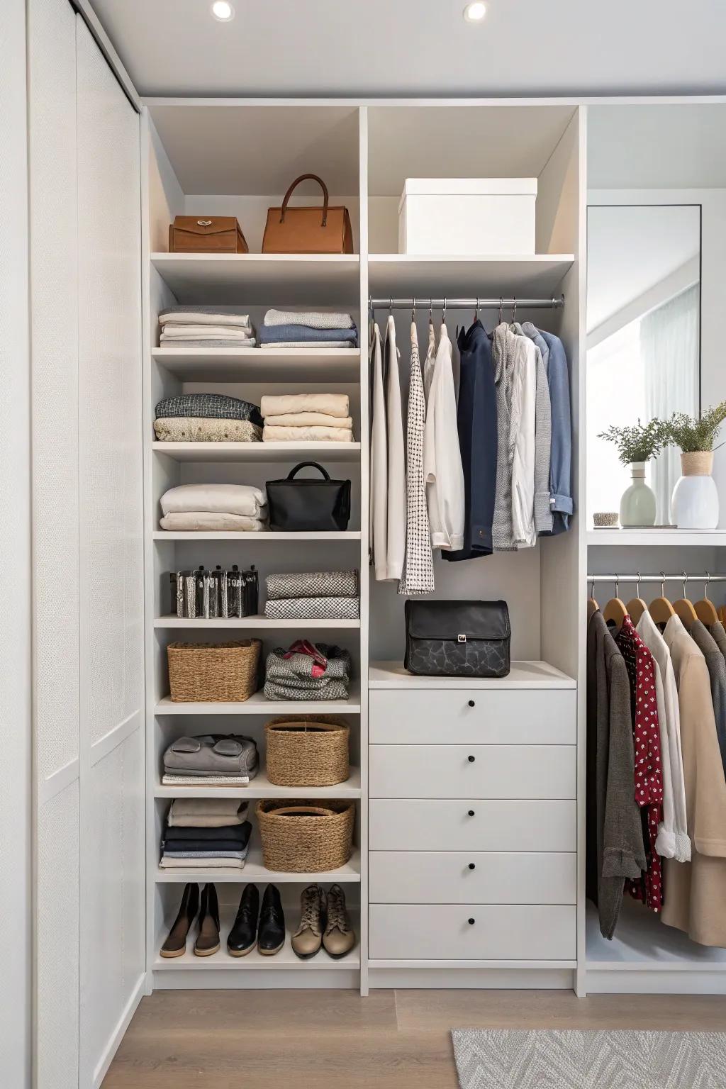 Open shelving keeps your wardrobe visible and organized.