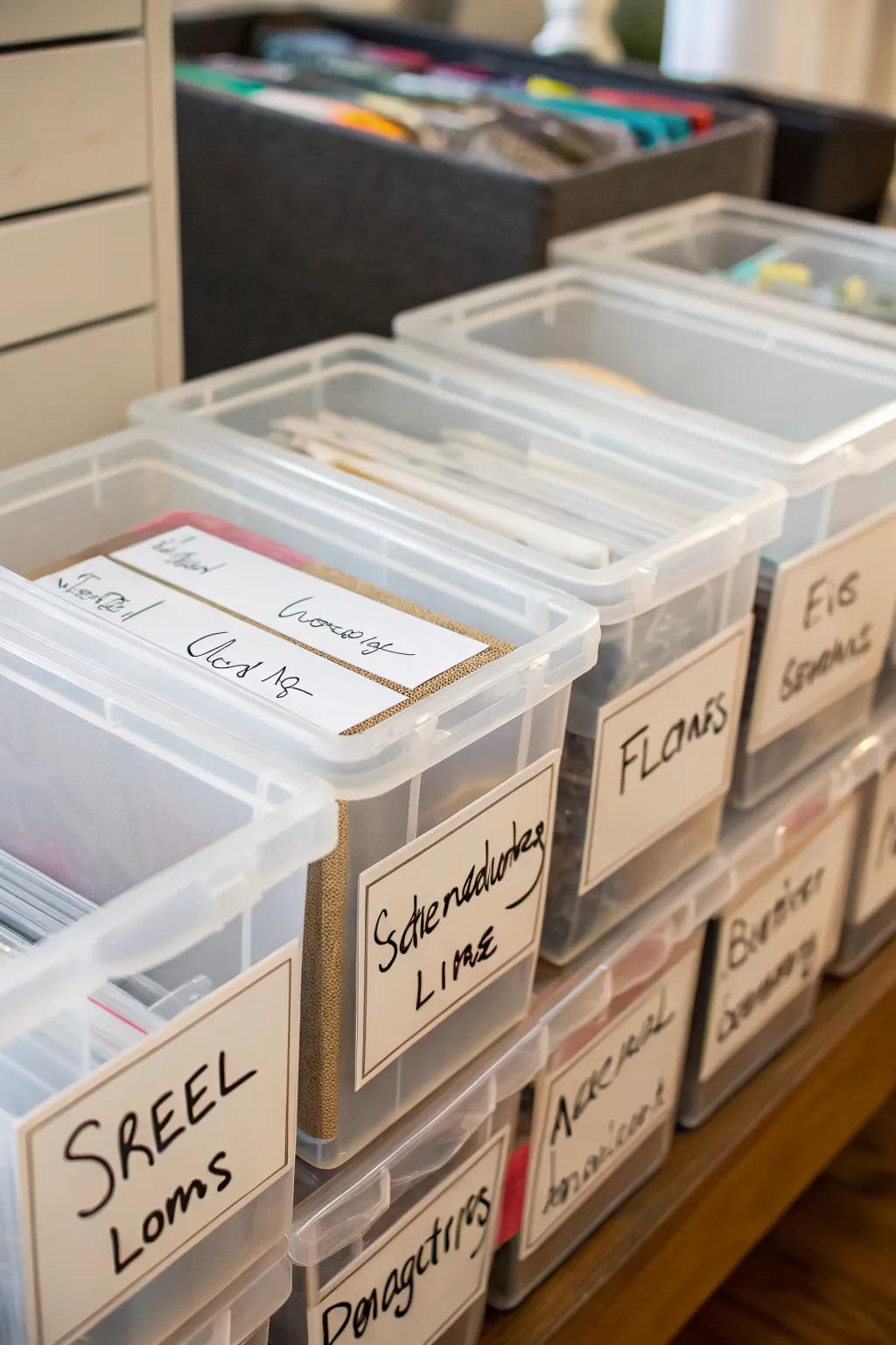 Labeled storage boxes ensure easy access to your stored items.