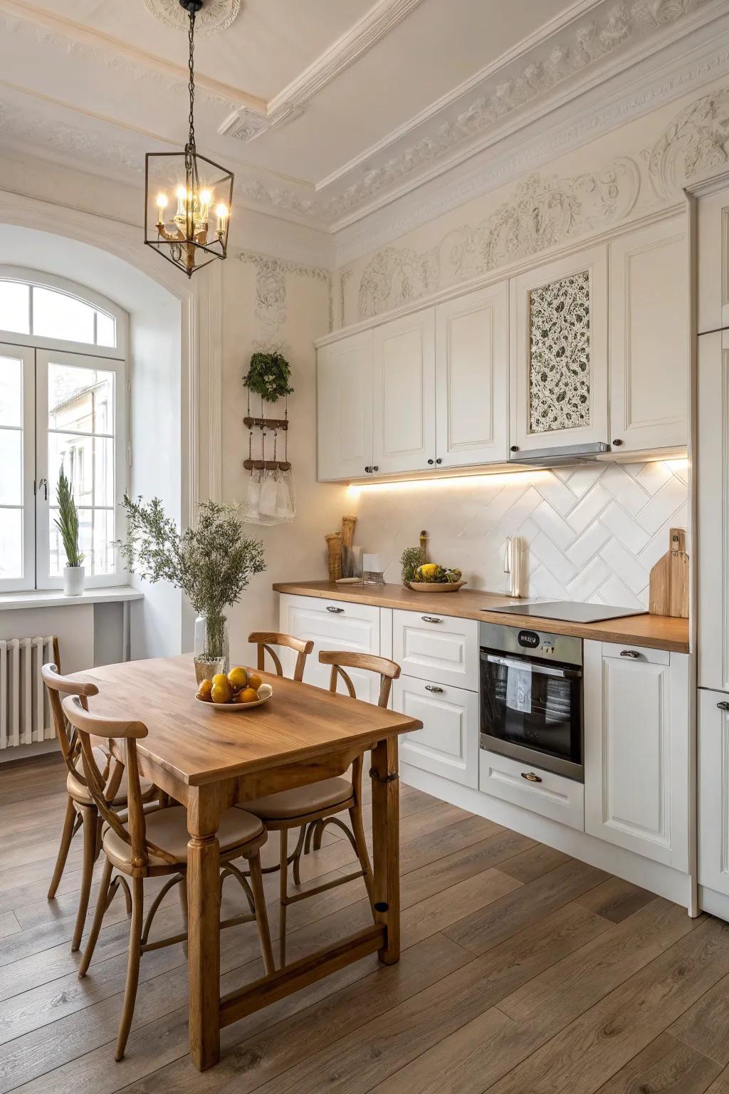 Warm white walls create a timeless and airy kitchen ambiance.