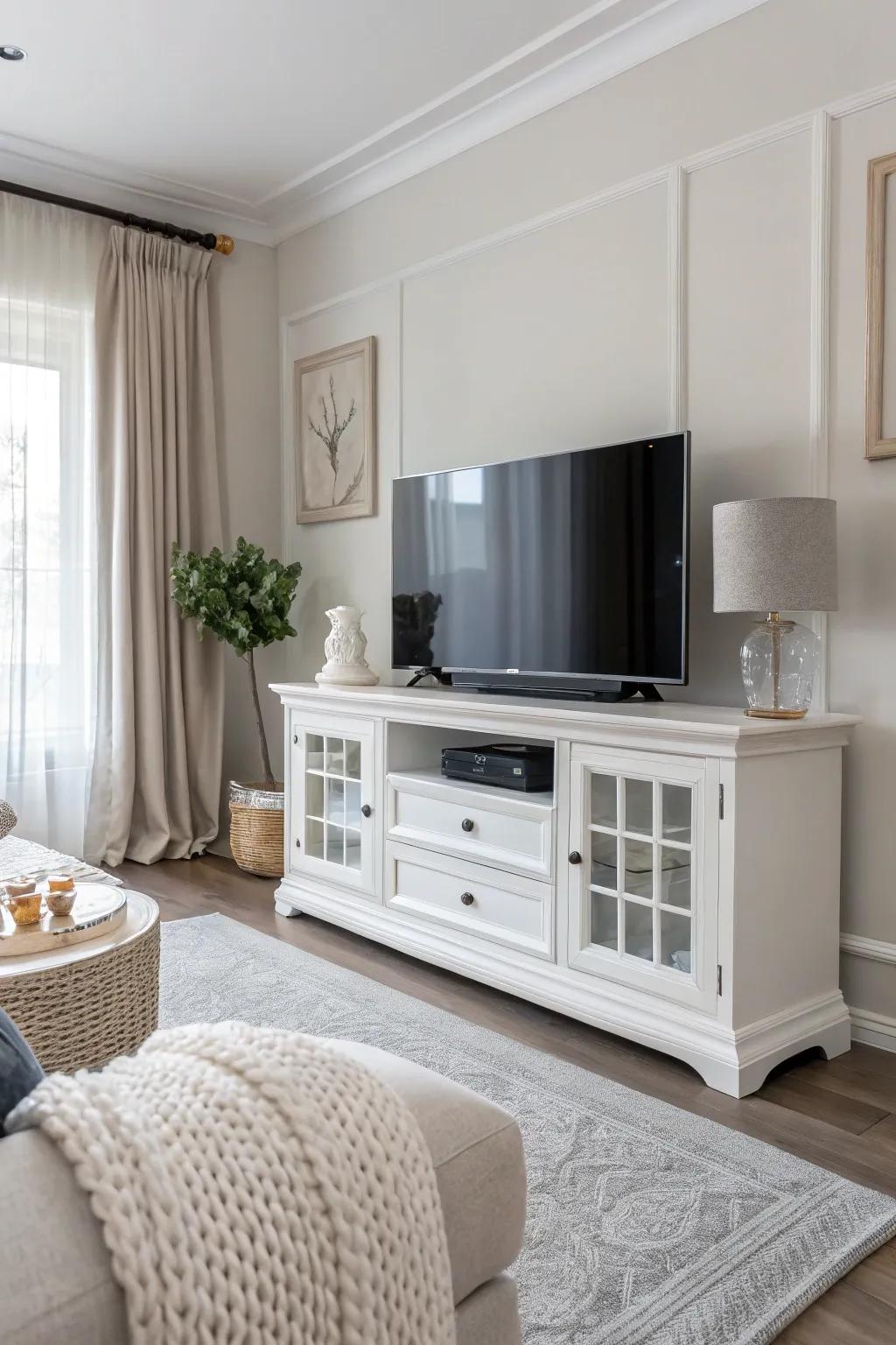 A classic white TV stand brings a serene touch to any decor.