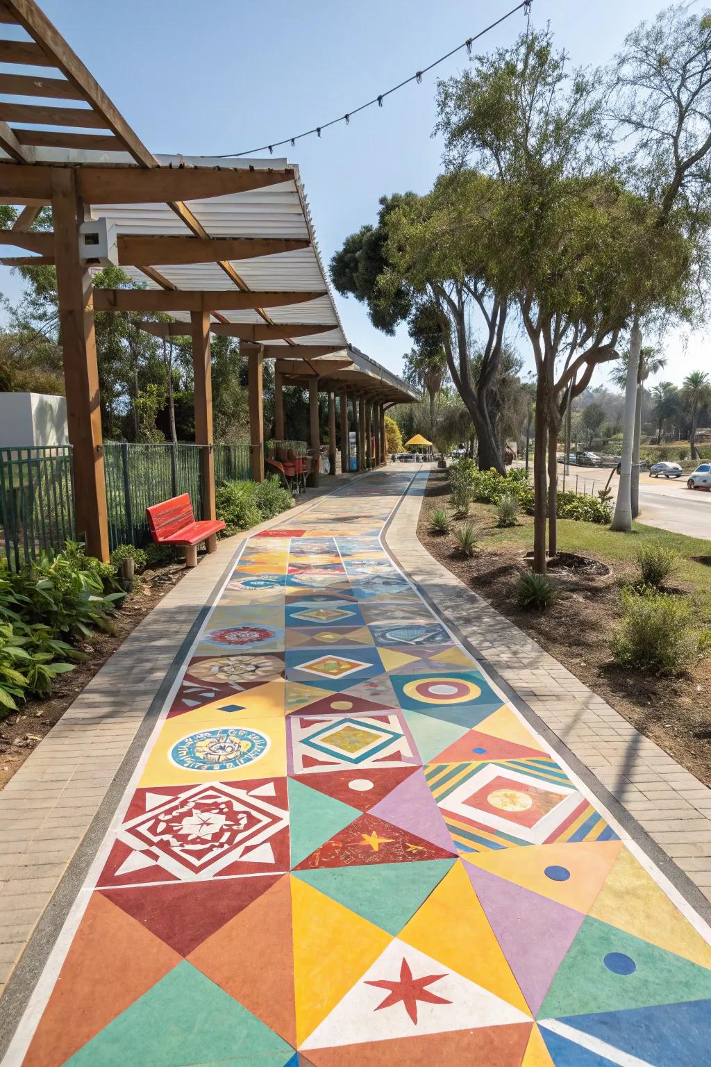 A modern geometric pattern adds a fresh touch to this concrete walkway.