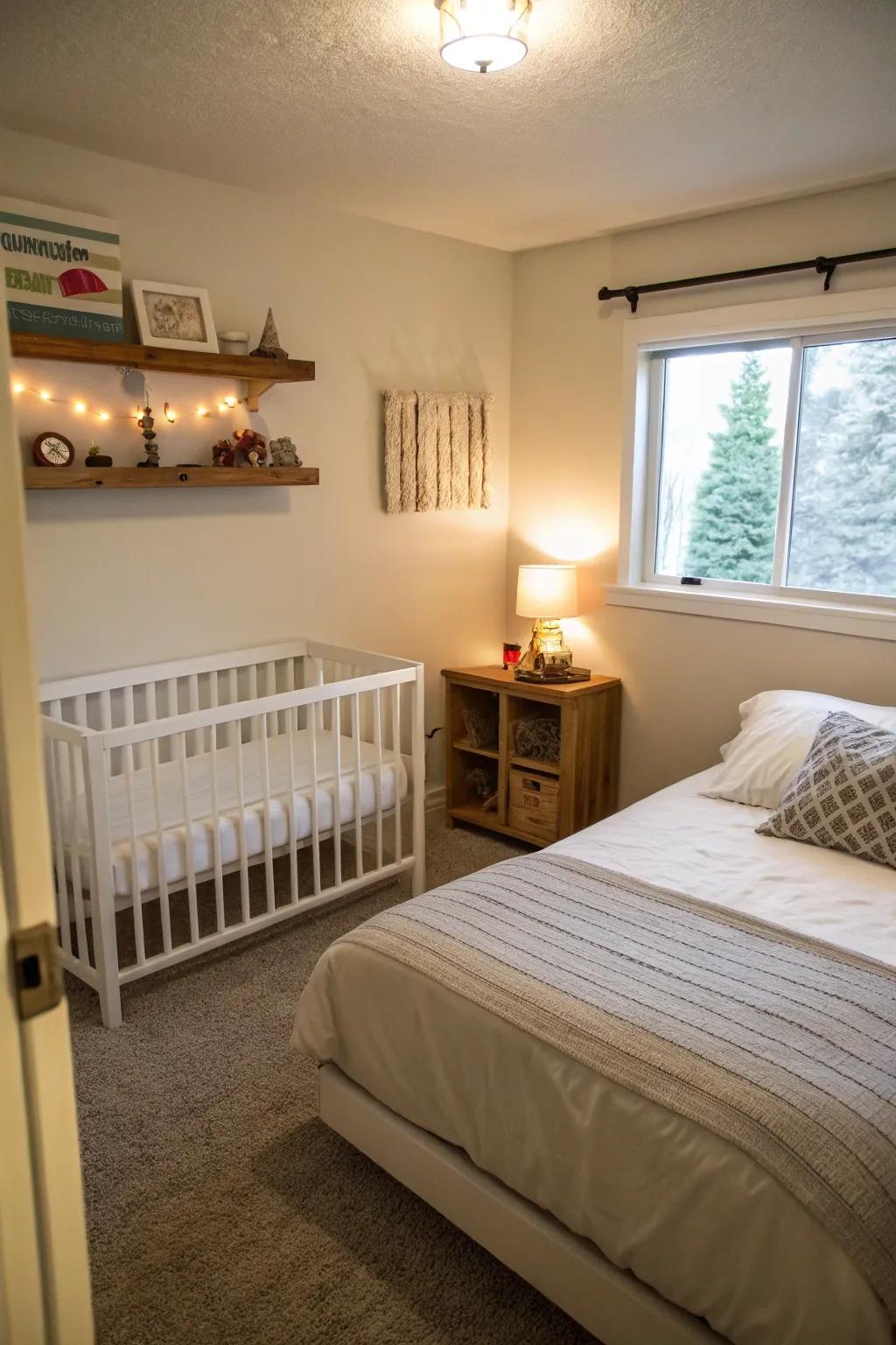 A small bedroom featuring a mini crib placed next to the parent's bed.