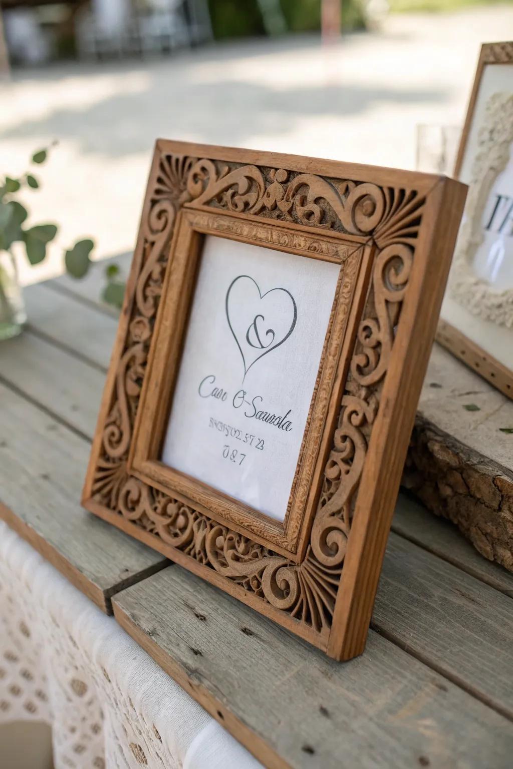 A custom engraved wood frame adds a personal touch to your favorite photo.