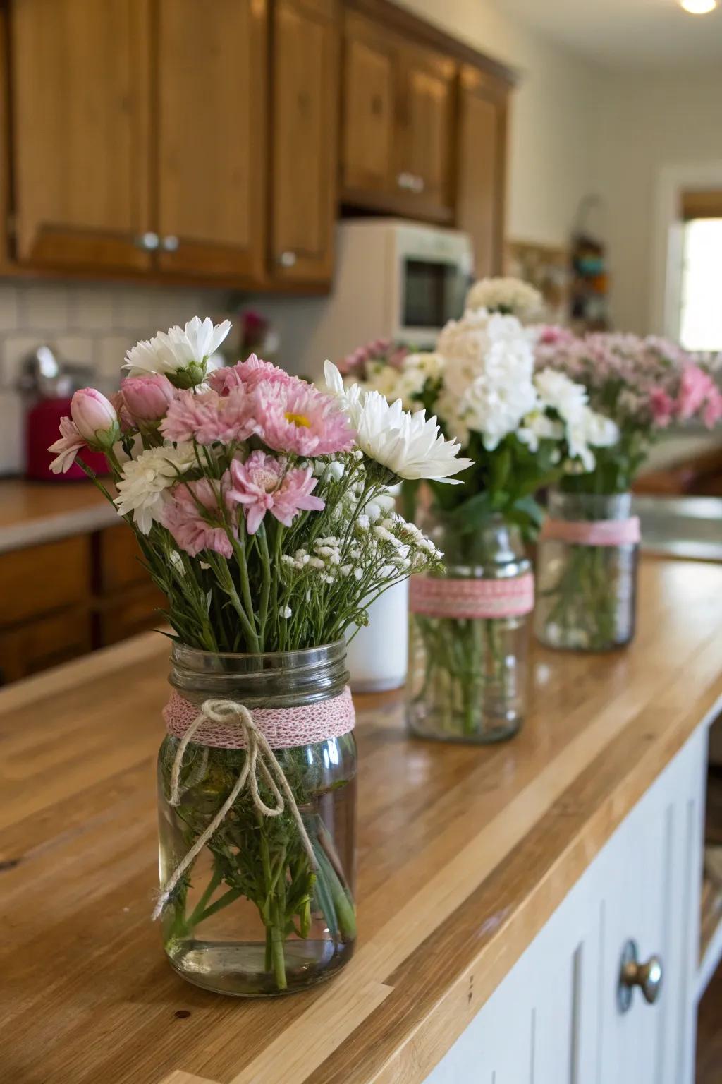 Rustic mason jars bring a cozy charm to this floral display.