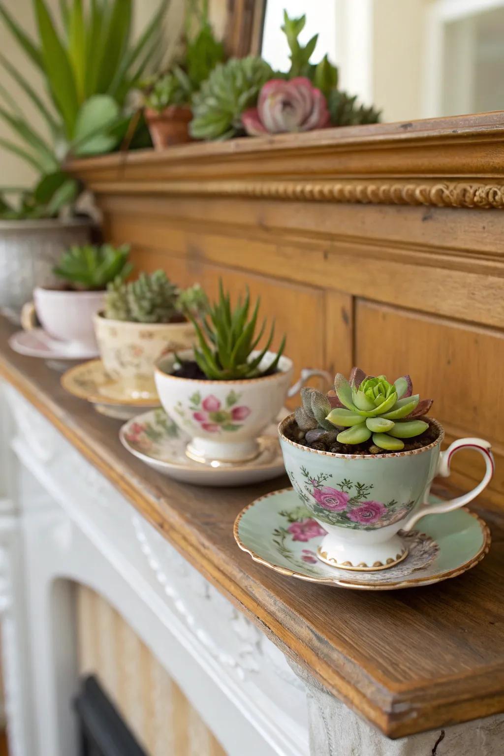 Vintage tea cups bring a quaint charm to succulent displays.