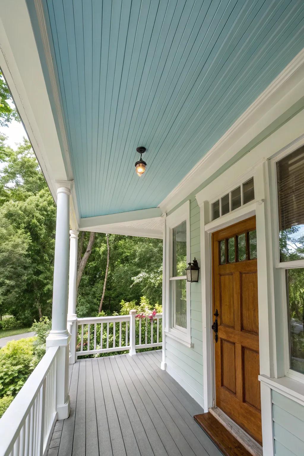 A classic sky blue ceiling brings a serene touch to this charming porch.