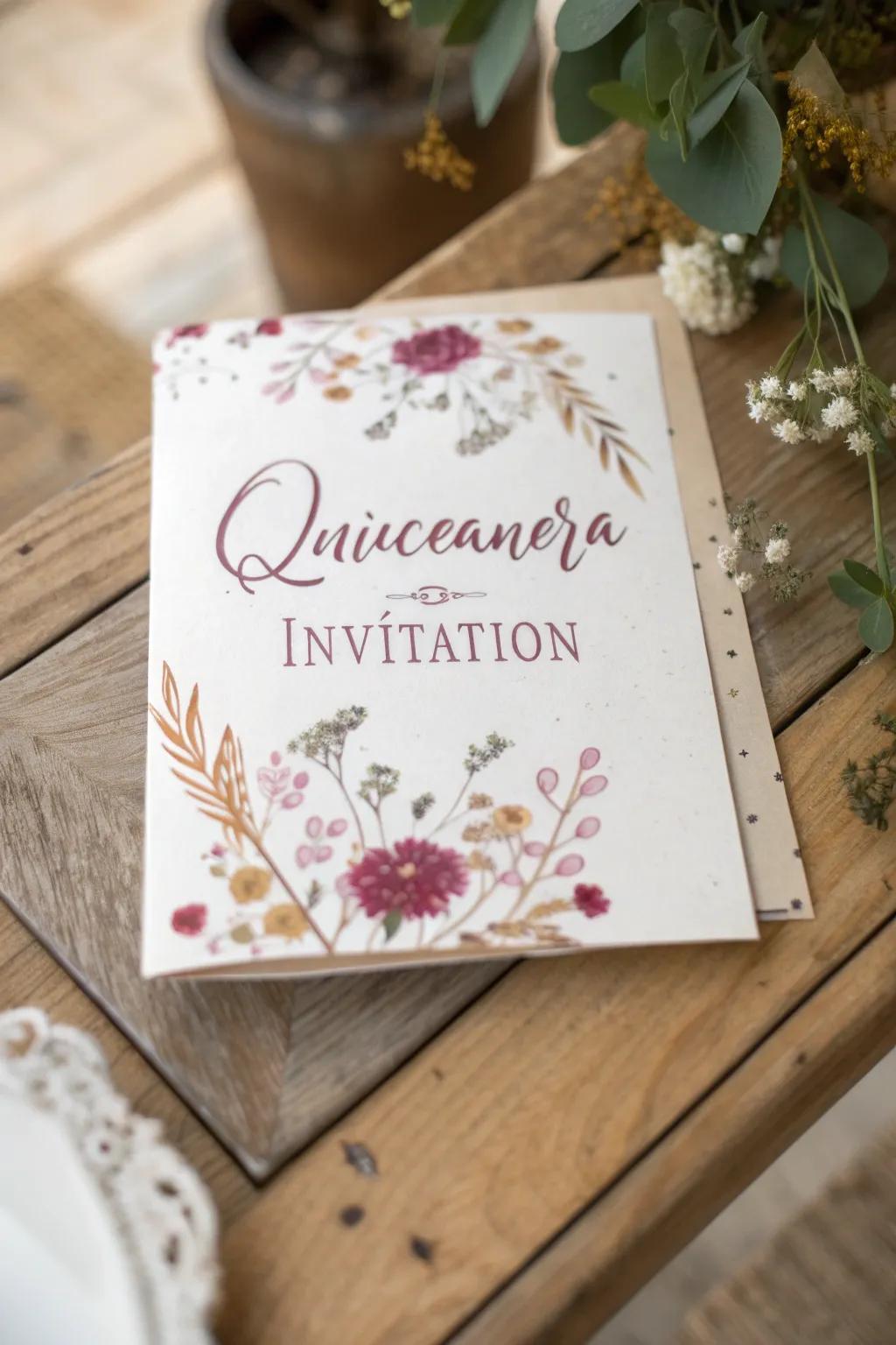 A quinceañera invitation featuring pressed flowers for a touch of natural elegance