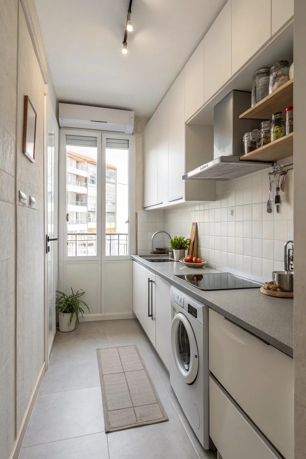 A minimalist small kitchen featuring clean lines and a neutral palette for a spacious feel.