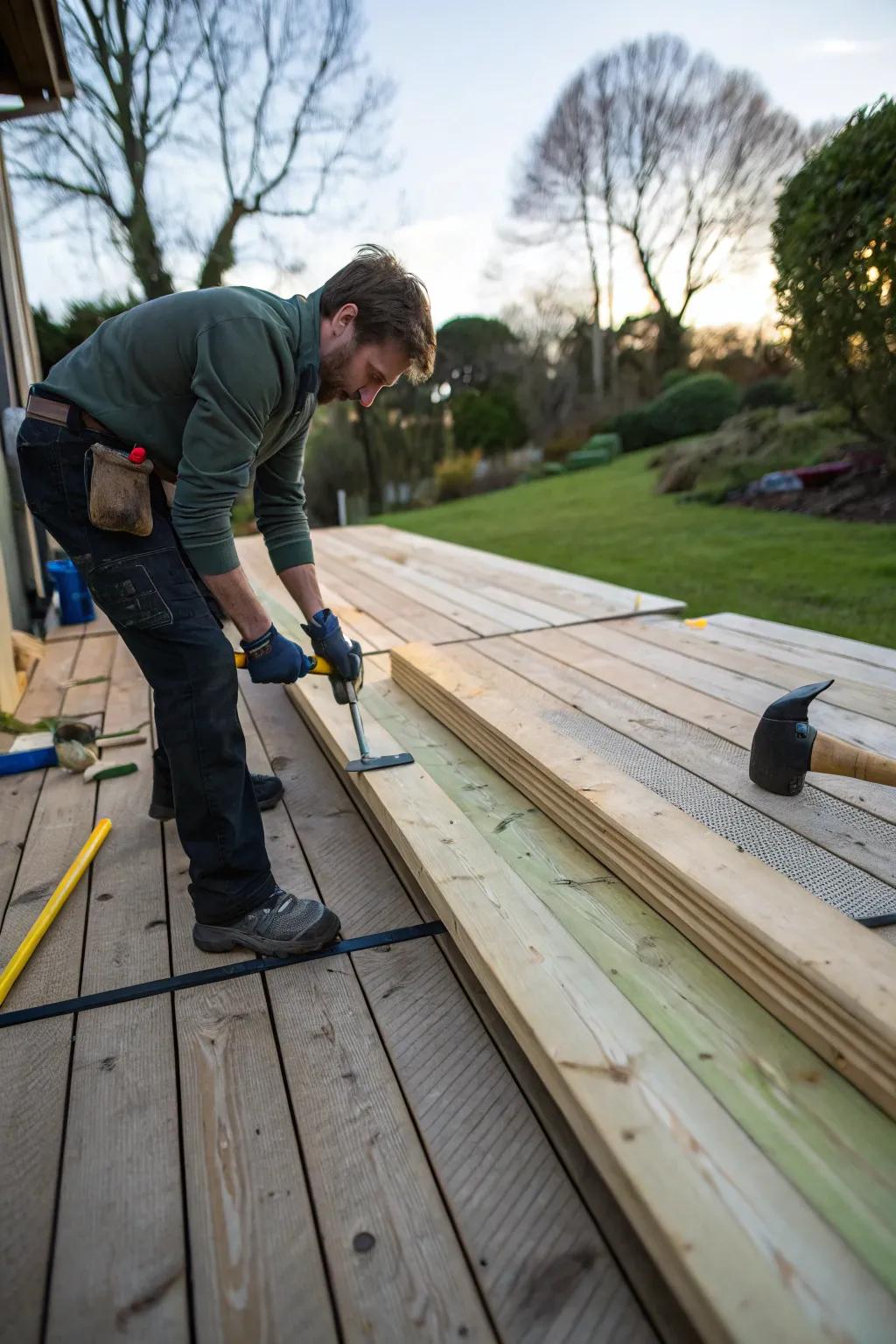 Replacing old deck boards with new, ensuring a safe and beautiful surface.