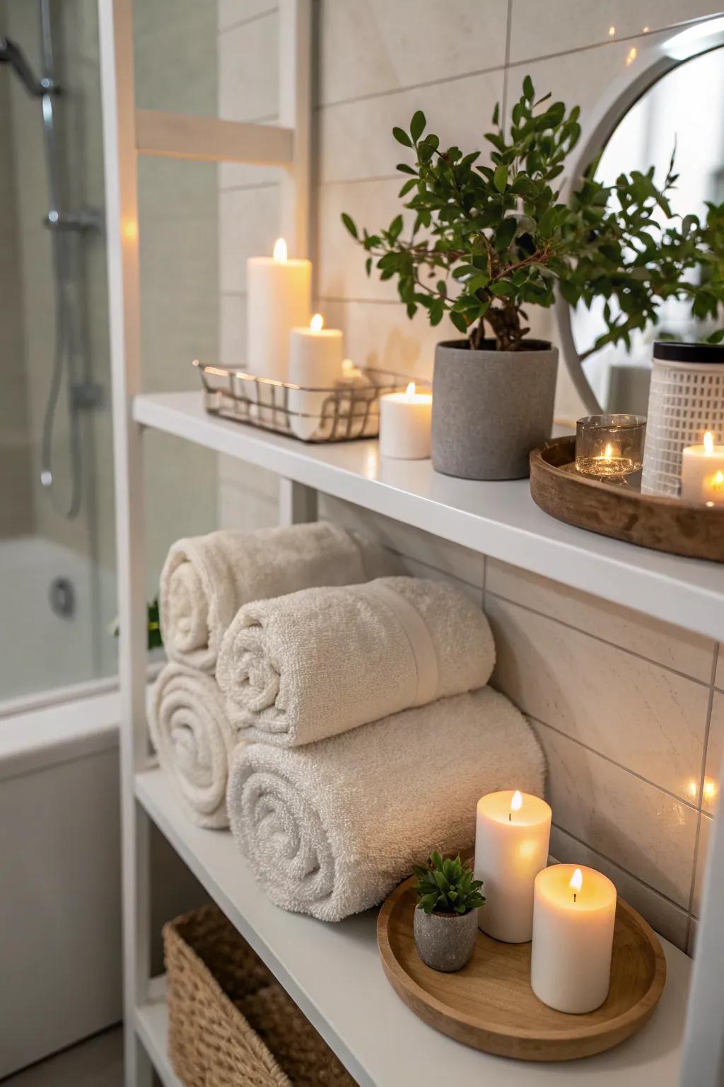 Spa-Rolled Towels on a Shelf for a Relaxing Ambiance