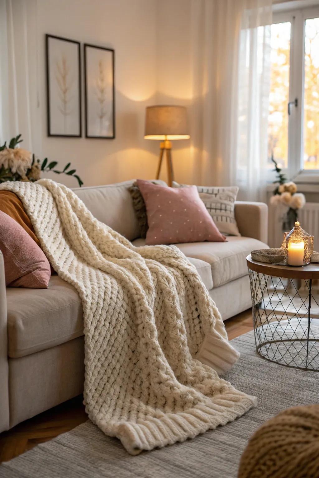 A chunky knit blanket adds warmth and style to any room.