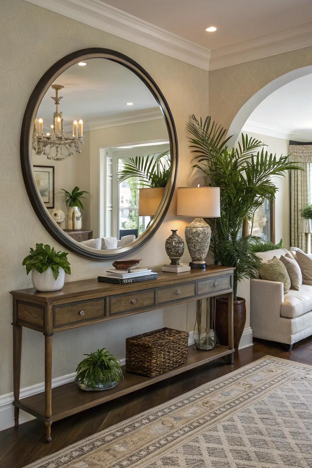 A round mirror adds elegance and depth to the room.