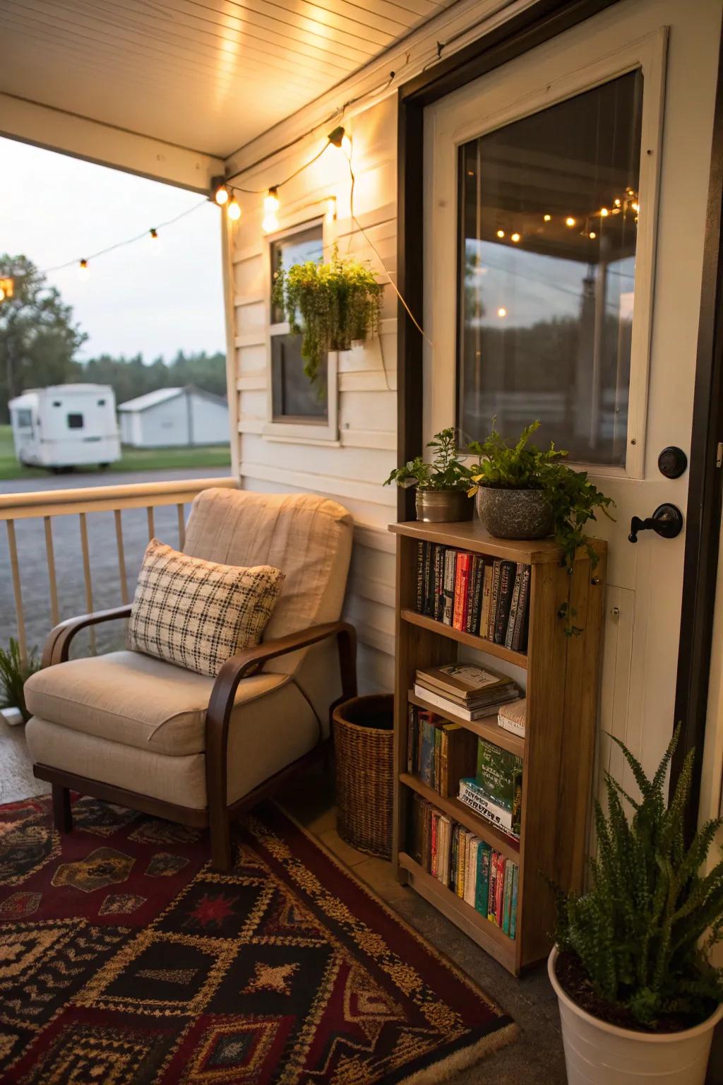 A serene reading nook makes for a perfect escape on a screened-in porch.