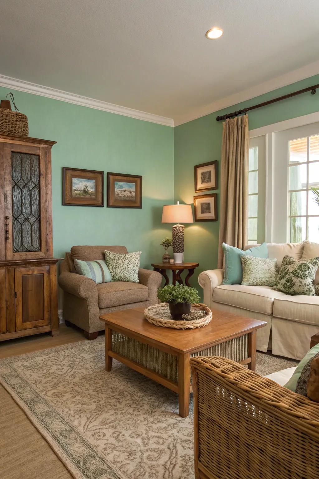 Earthy tones complementing seafoam green walls, creating a warm and inviting living space.