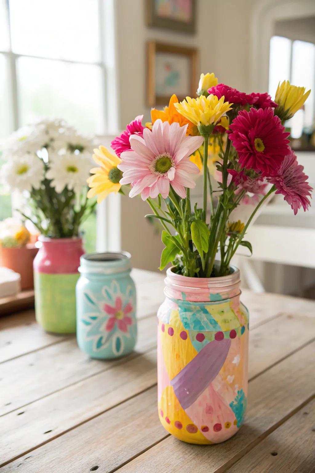 Decorative Mason jars adding a splash of color to any space.