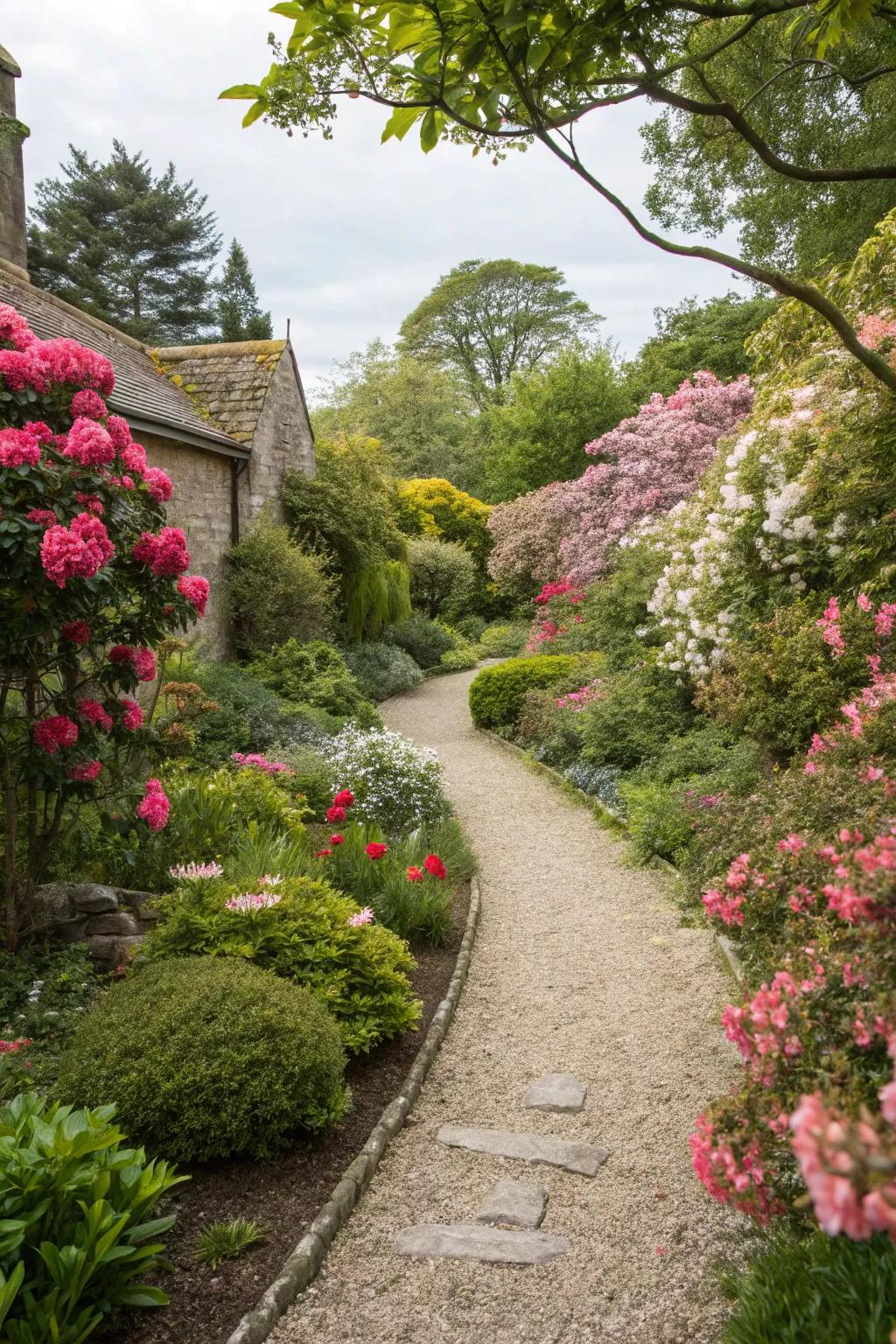 A small courtyard garden with a winding gravel pathway surrounded by blooming flowers.